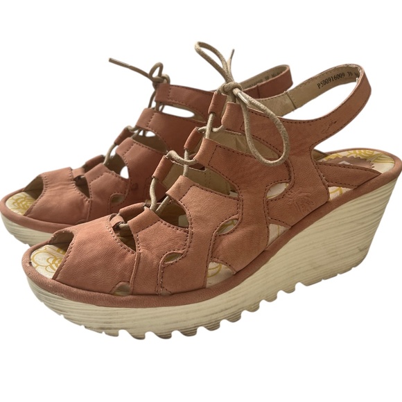 Fly London Shoes Sandals Sz 39 US 8 - 8.5 Ankle Strap Wedge Peep Toe Lace Pink - Picture 1 of 9